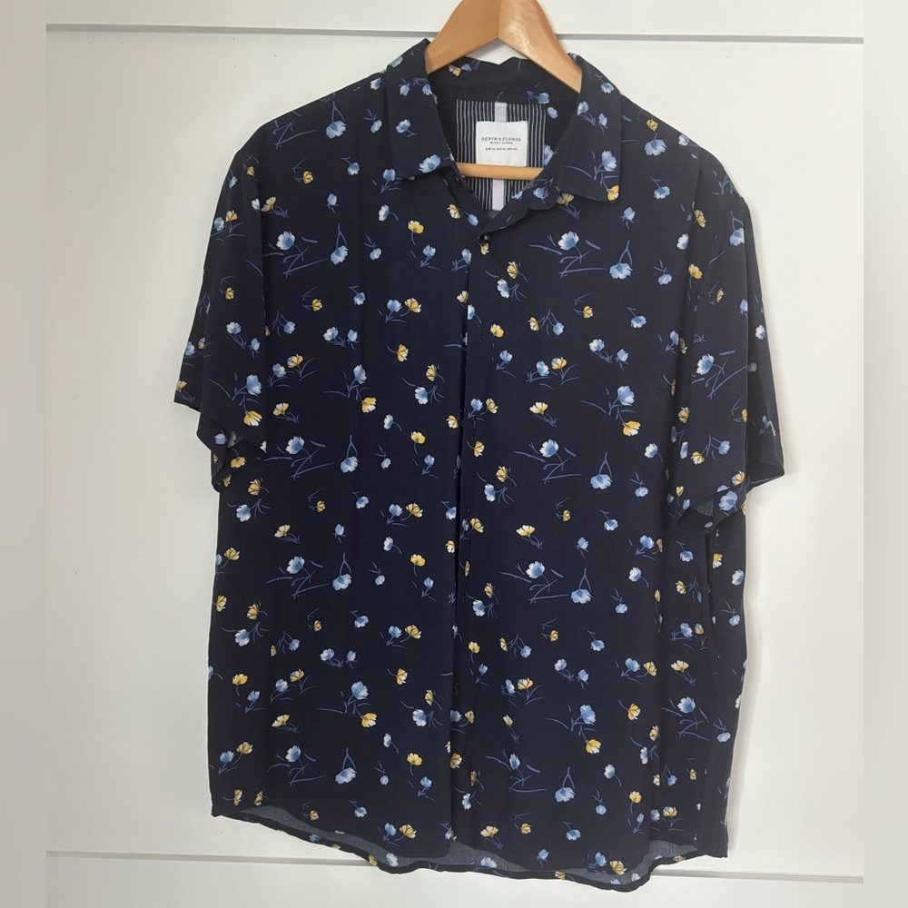 Denim & Flower Navy Shirt with Yellow and Blue Floral Design